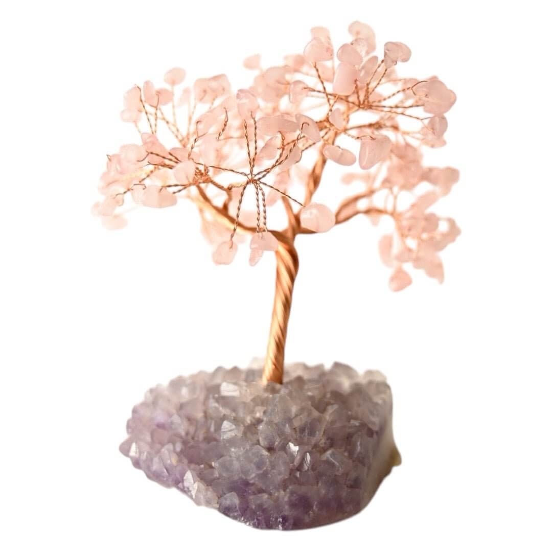 Rosenquarz Baum auf Amethystdruse – Kraftvolles Naturjuwel für Herzensenergie und Wohlbefinden