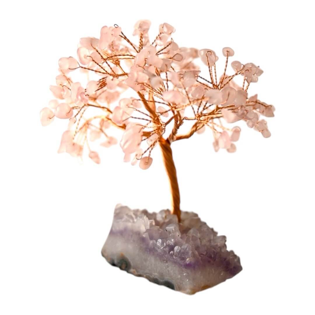 Rosenquarz Baum auf Amethystdruse – Kraftvolles Naturjuwel für Herzensenergie und Wohlbefinden