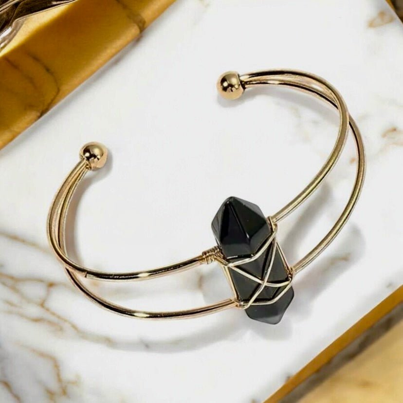 Eleganter goldener Armreif mit Obsidian - Doppelender - CrystalScents
