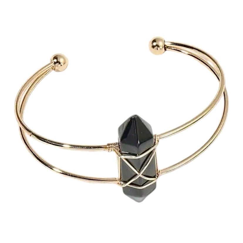 Eleganter goldener Armreif mit Obsidian - Doppelender - CrystalScents