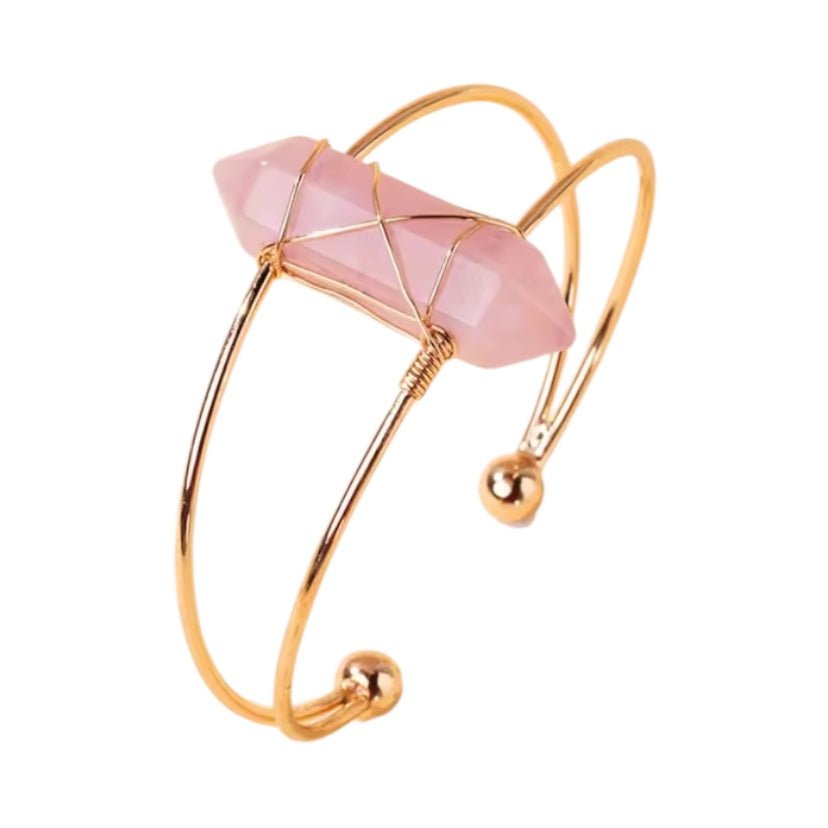 Eleganter goldener Armreif mit Rosenquarz - Doppelender - CrystalScents