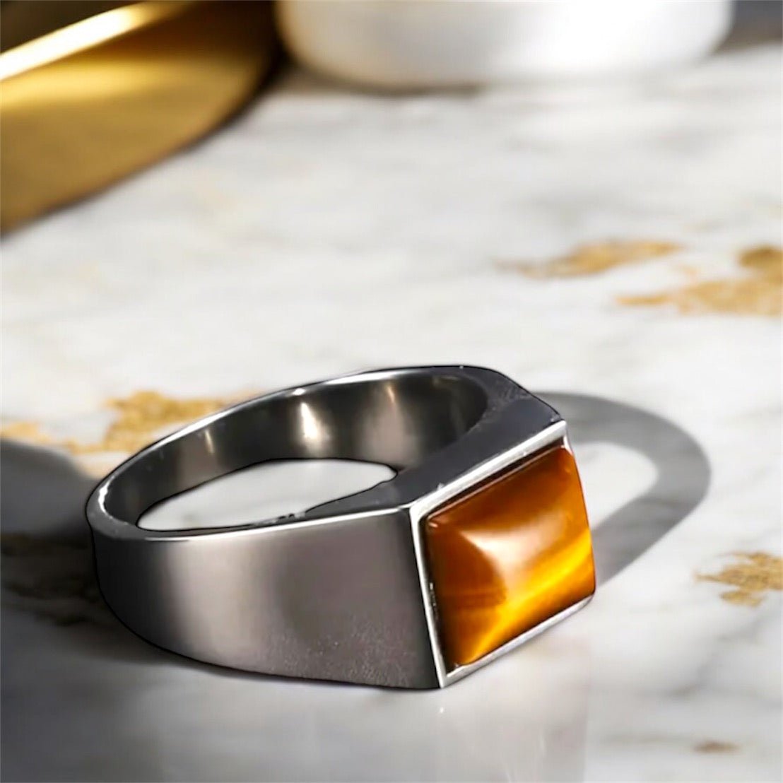 Eleganter Ring mit rechteckigem Tigerauge, Silber - CrystalScents