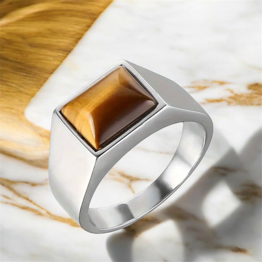 Eleganter Ring mit rechteckigem Tigerauge, Silber - CrystalScents