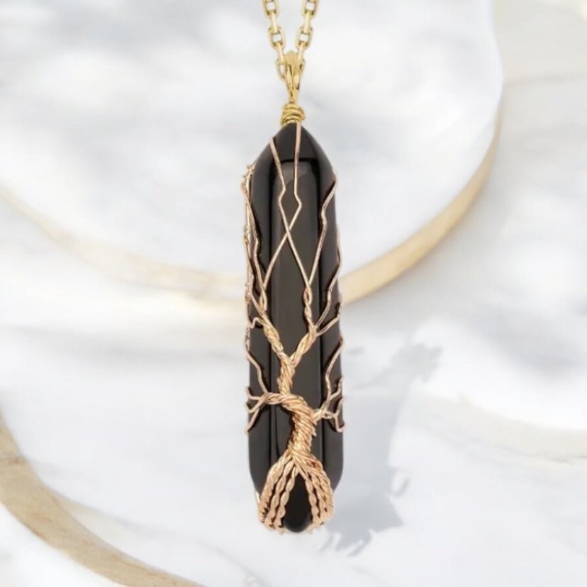Goldene Halskette mit goldverziertem Obsidian Doppelender - CrystalScents