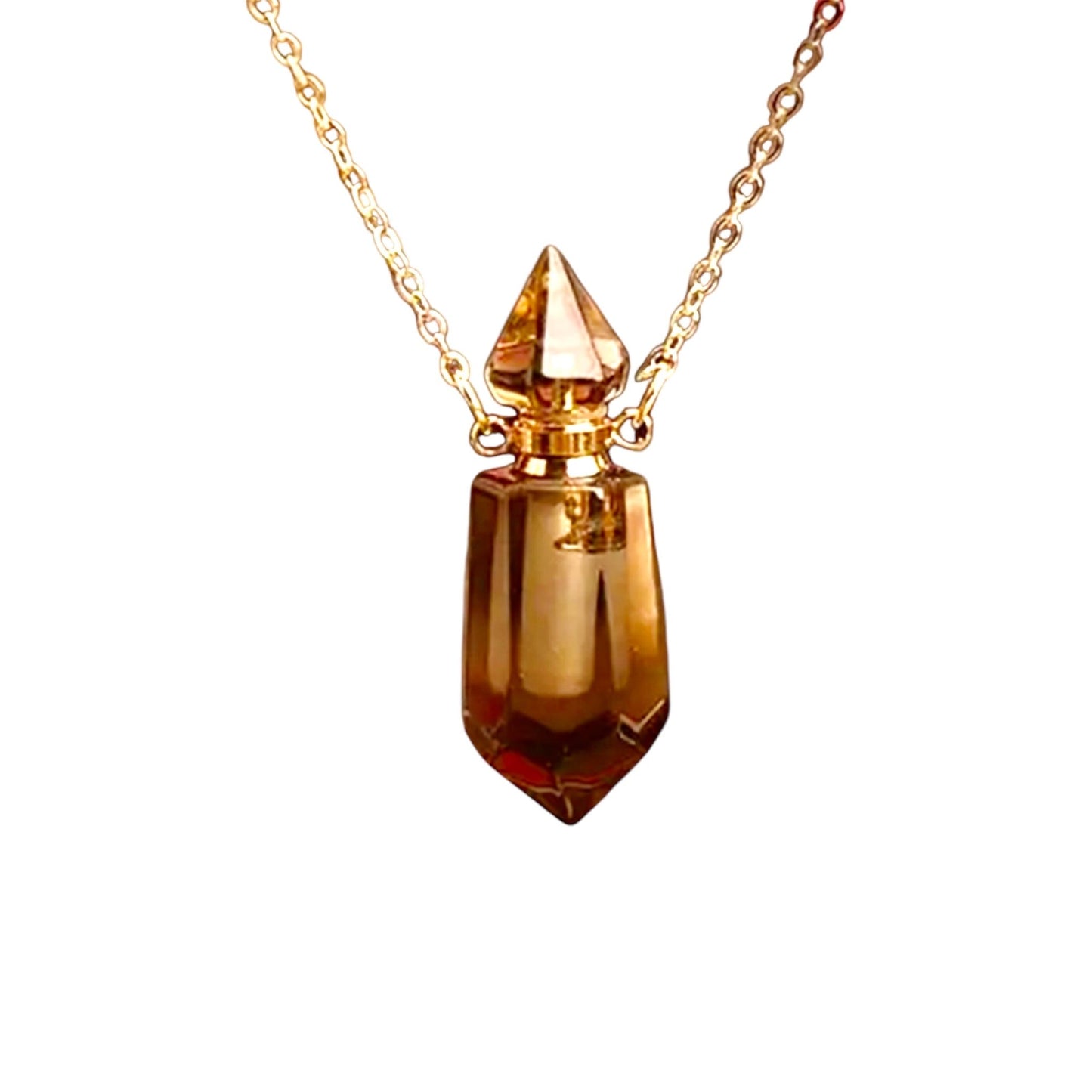 Goldene Halskette mit Parfümfläschchen aus Rauchquarz - CrystalScents