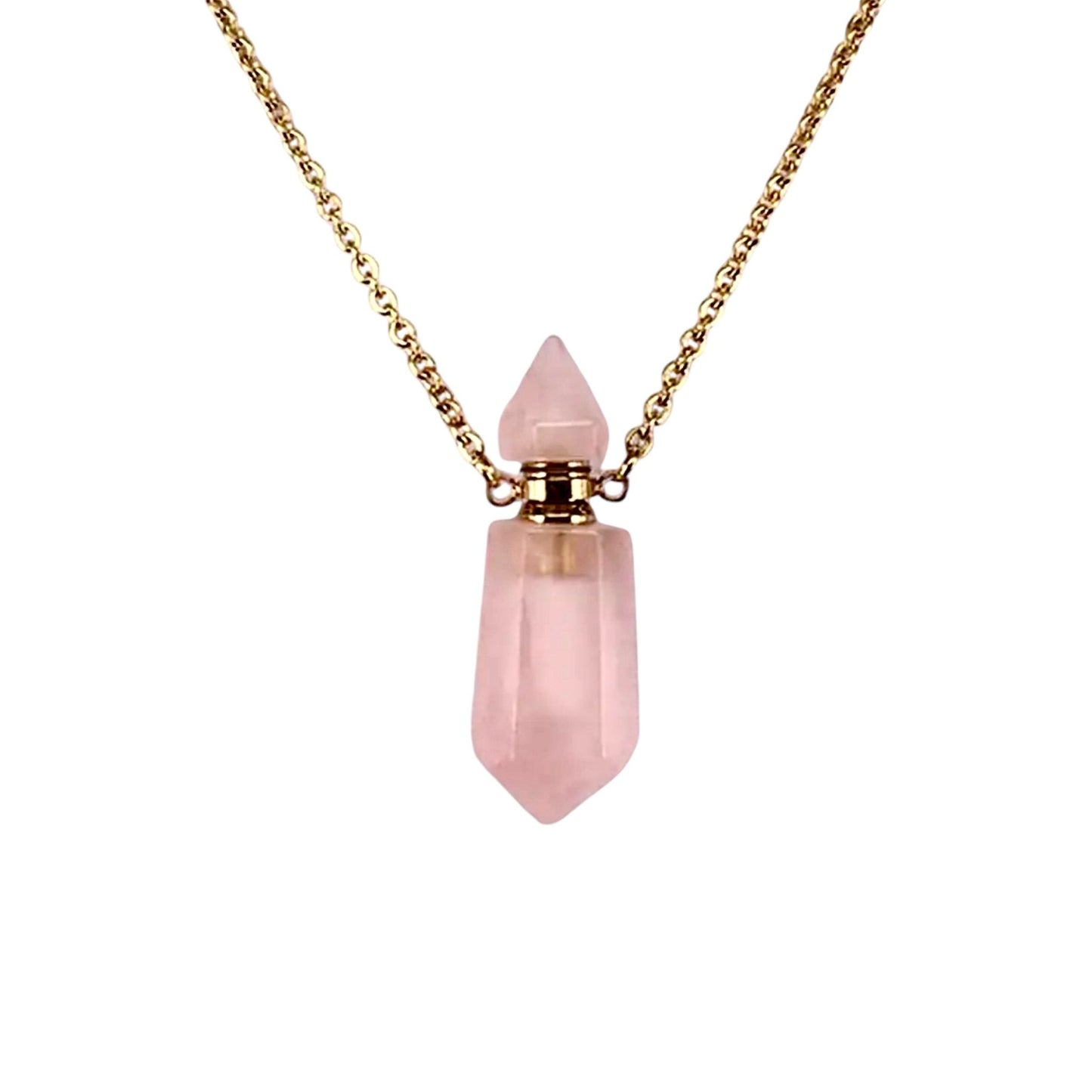 Goldene Halskette mit Parfümfläschchen aus Rosenquarz - CrystalScents
