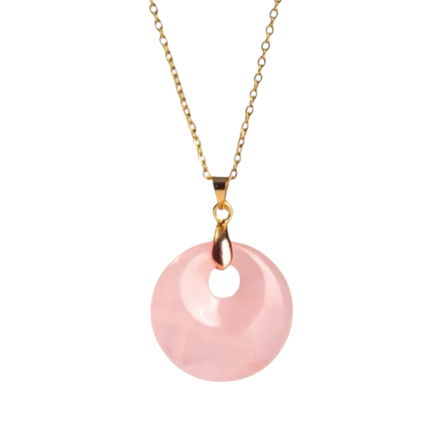 Goldene Kette mit rundem Rosenquarz - Anhänger - CrystalScents