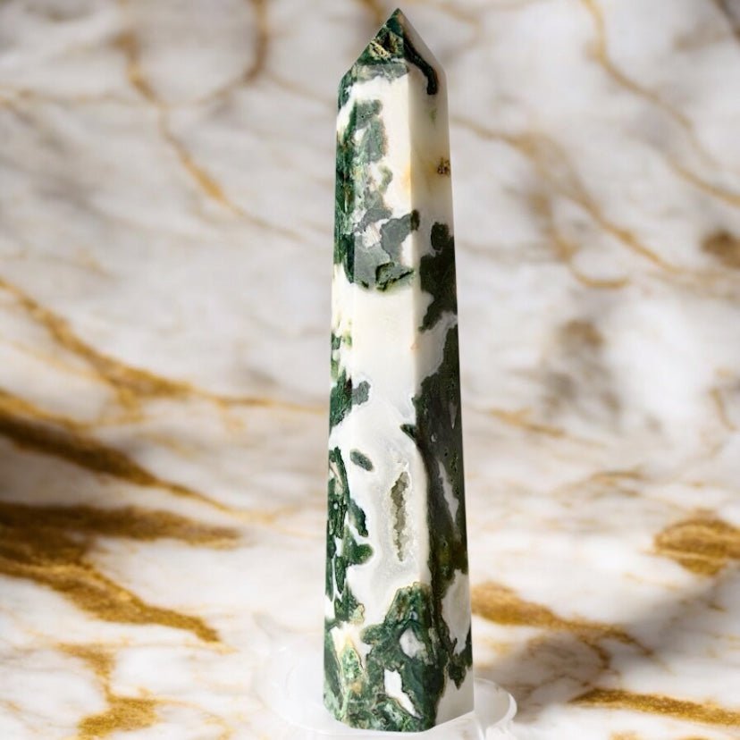 Großer druzy Moosachat Obelisk - CrystalScents