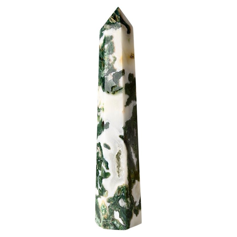 Großer druzy Moosachat Obelisk - CrystalScents