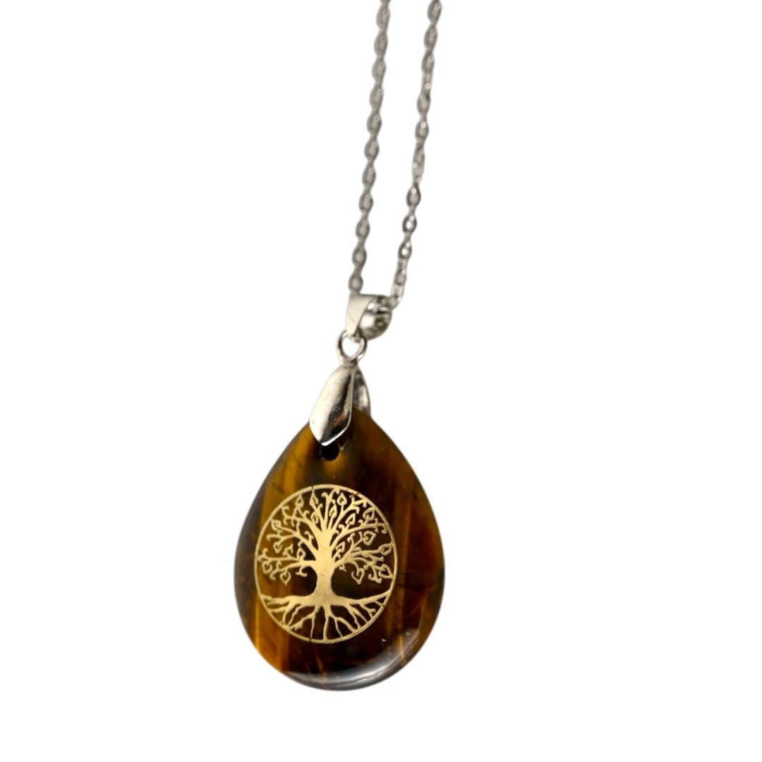 Halskette mit tropfenförmigen Tigerauge „Baum des Lebens“ - CrystalScents