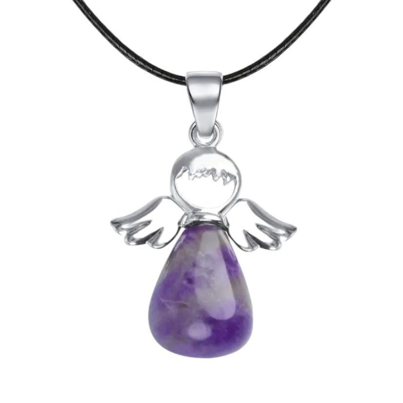 Schwarze Halskette mit Amethyst Engel - CrystalScents