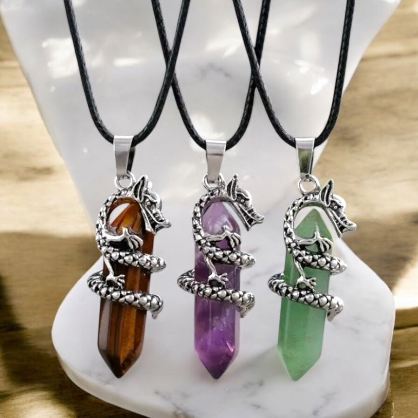 Schwarze Halskette mit Aventurin Doppelender, Drache - CrystalScents