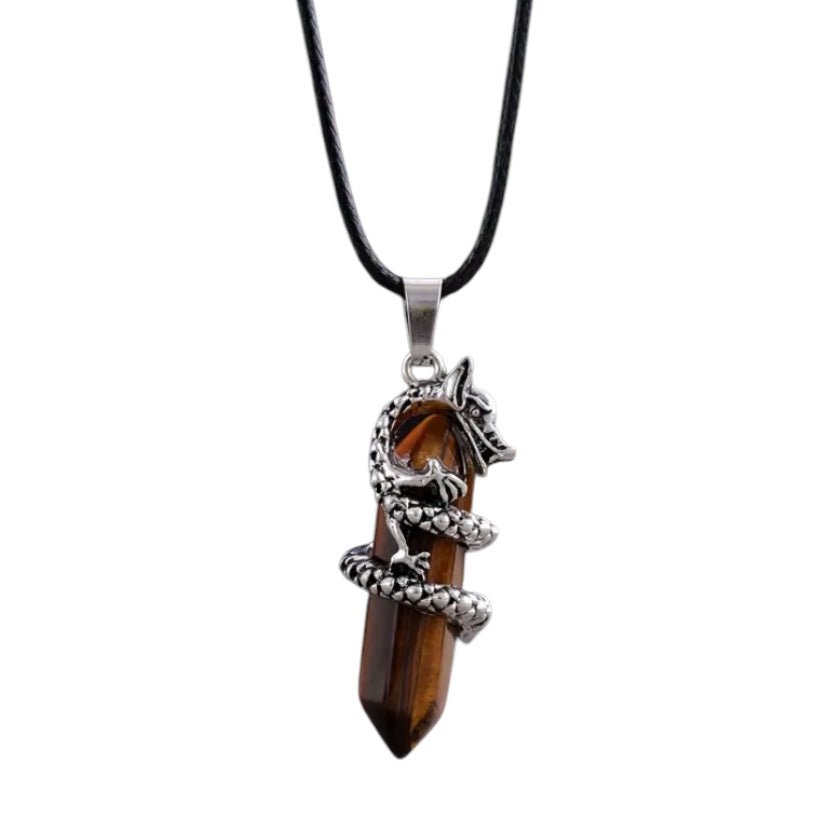 Schwarze Halskette mit Tigerauge Doppelender, Drache - CrystalScents