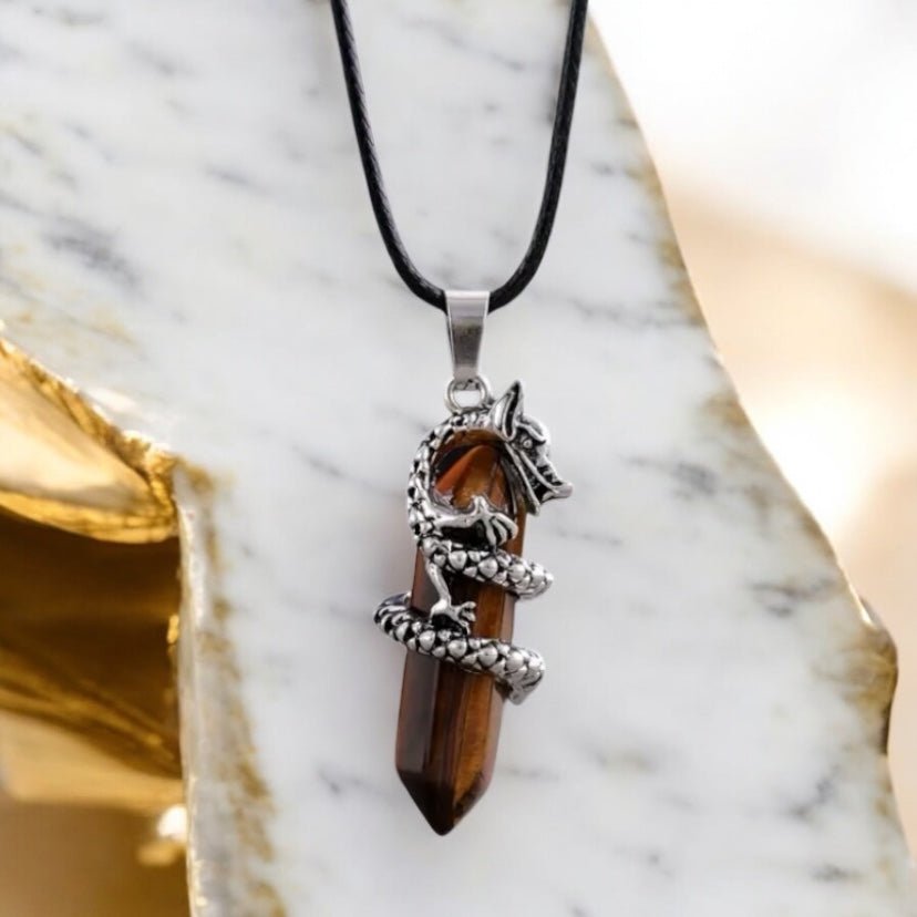 Schwarze Halskette mit Tigerauge Doppelender, Drache - CrystalScents
