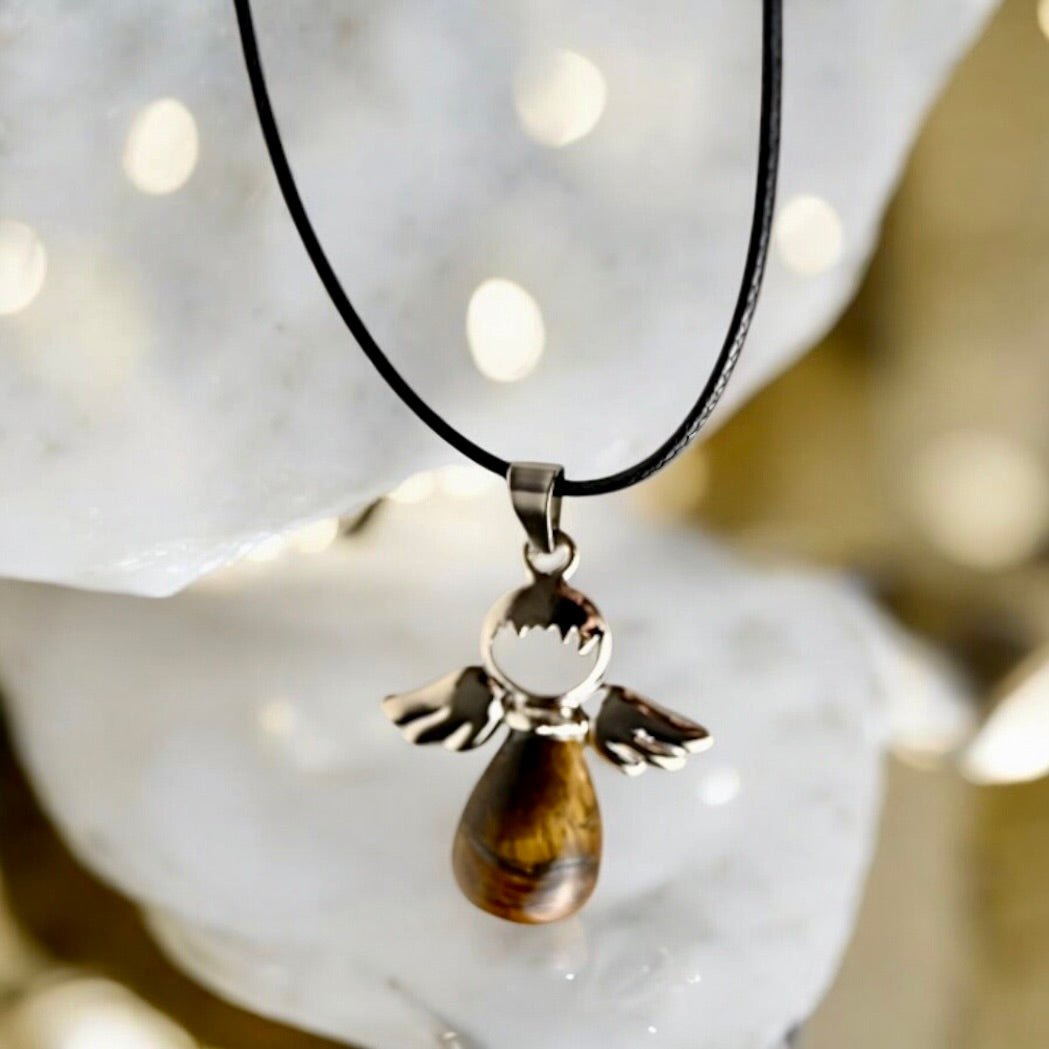 Schwarze Halskette mit Tigerauge Engel - CrystalScents