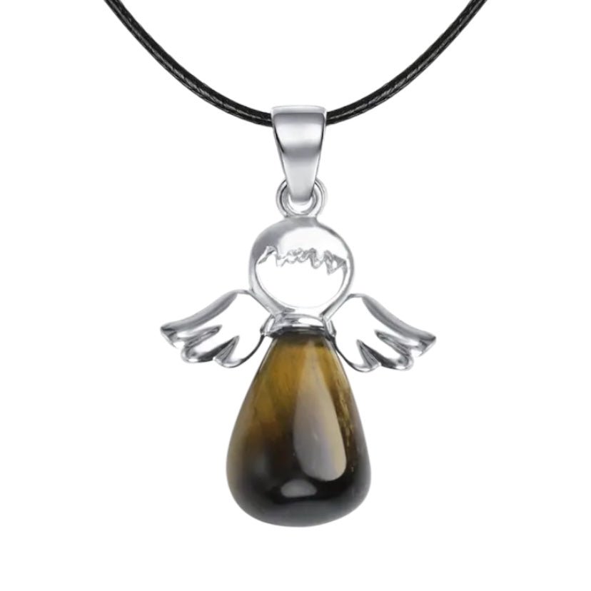 Schwarze Halskette mit Tigerauge Engel - CrystalScents
