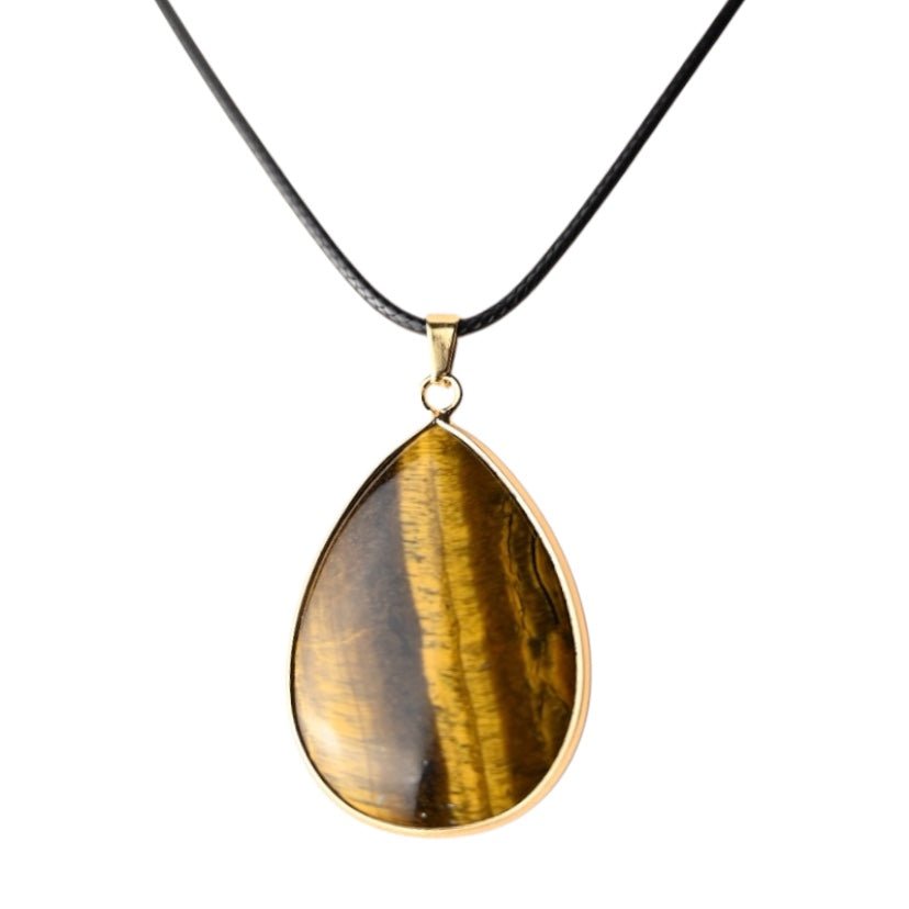 Schwarze Kette mit großem tropfenförmigen Tigerauge - Anhänger - CrystalScents