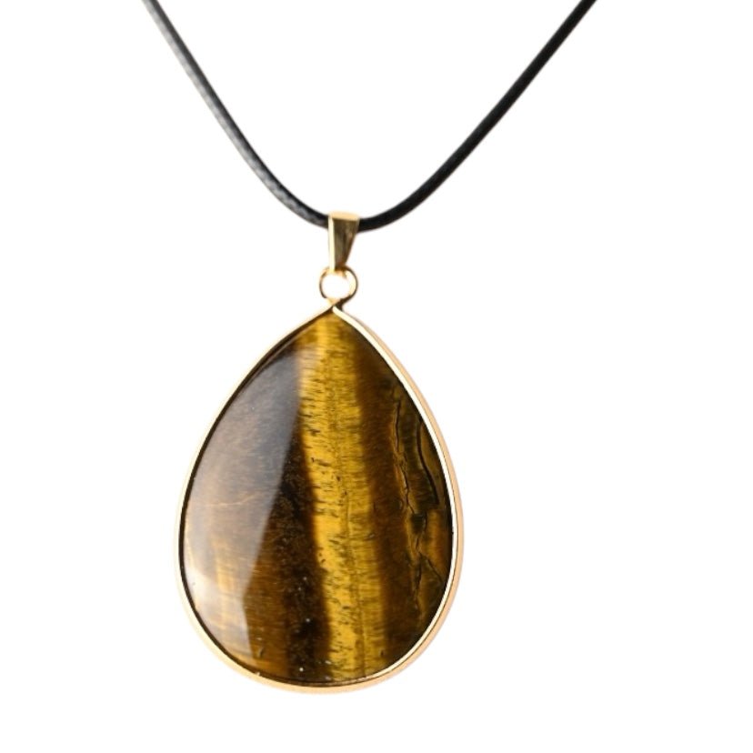 Schwarze Kette mit großem tropfenförmigen Tigerauge - Anhänger - CrystalScents