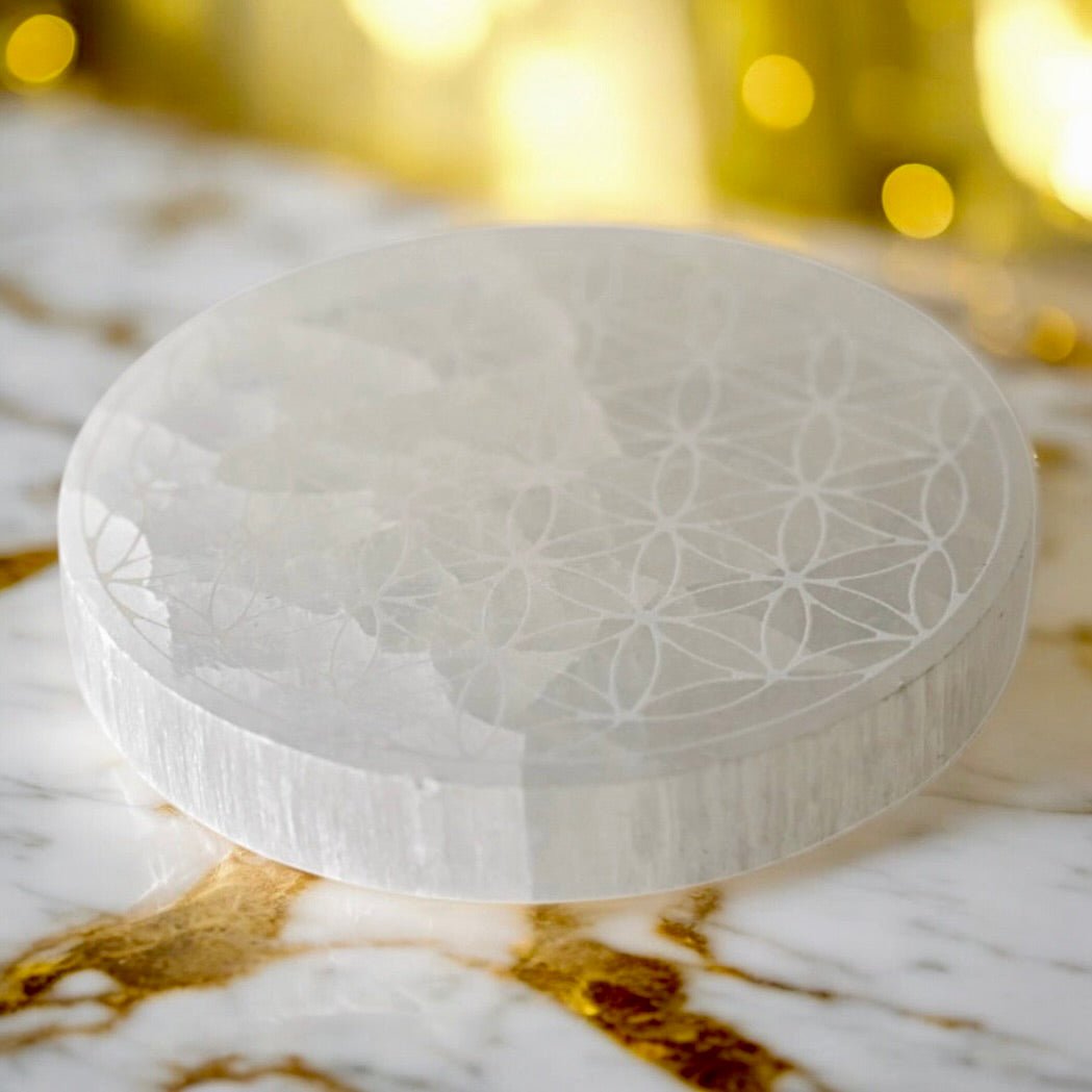 Selenit Scheibe „Blume des Lebens“ - CrystalScents