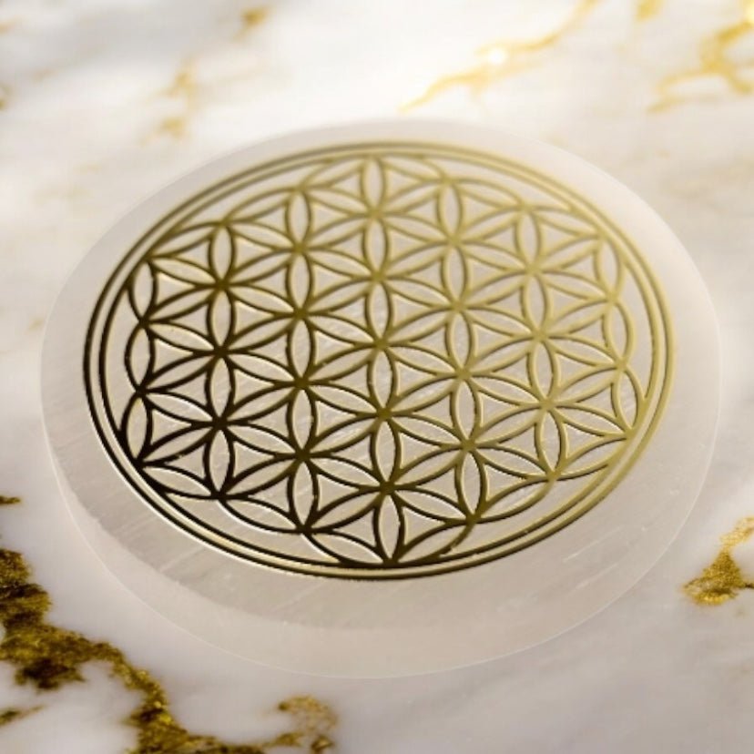 Selenit Scheibe „Blume des Lebens“ Gold - CrystalScents