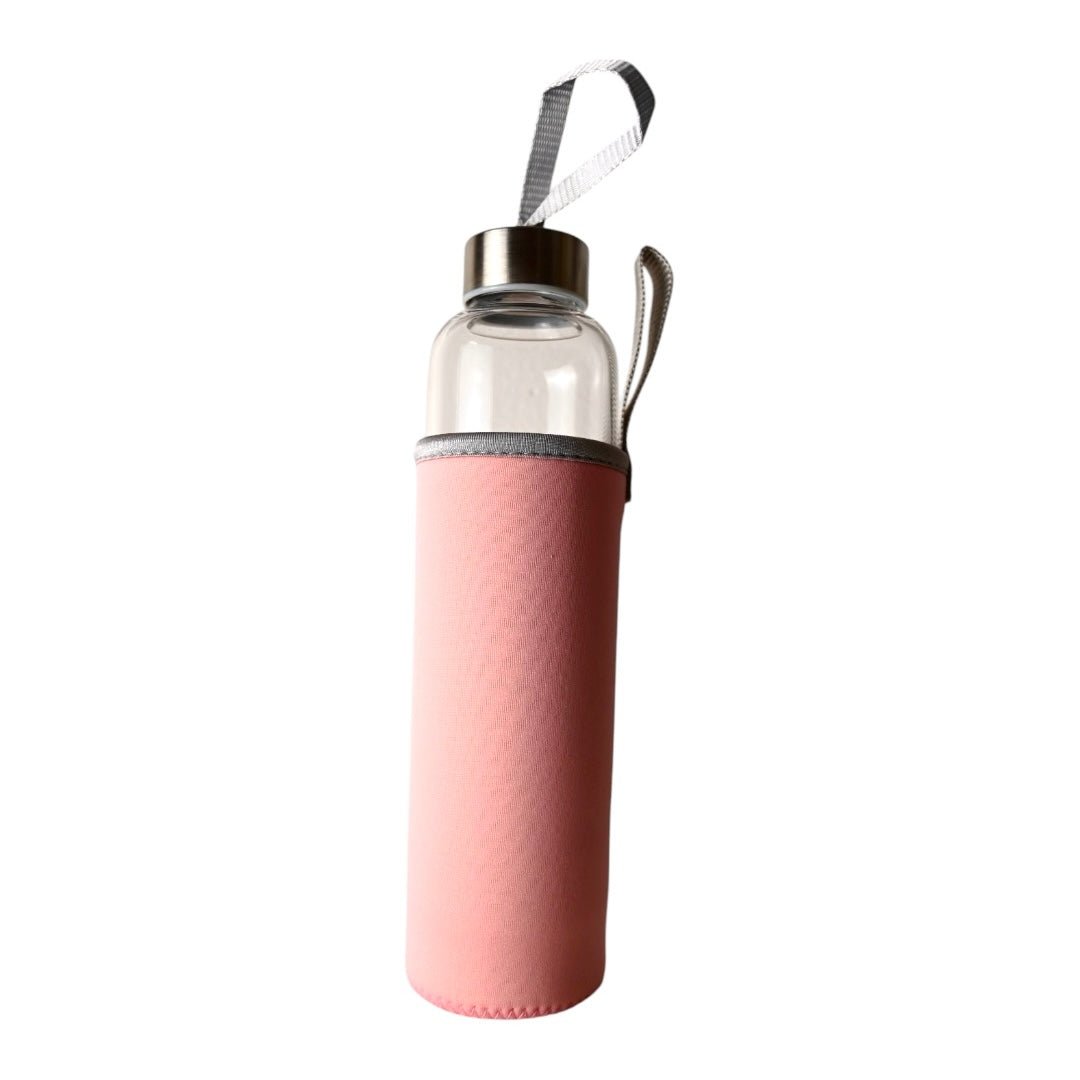 Silberne Trinkflasche mit Rosenquarz - Trommelsteinen - CrystalScents