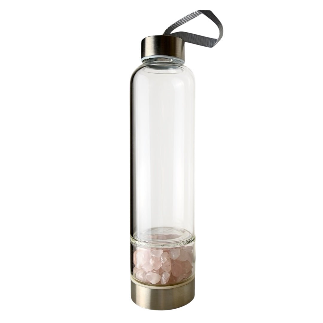 Silberne Trinkflasche mit Rosenquarz - Trommelsteinen - CrystalScents