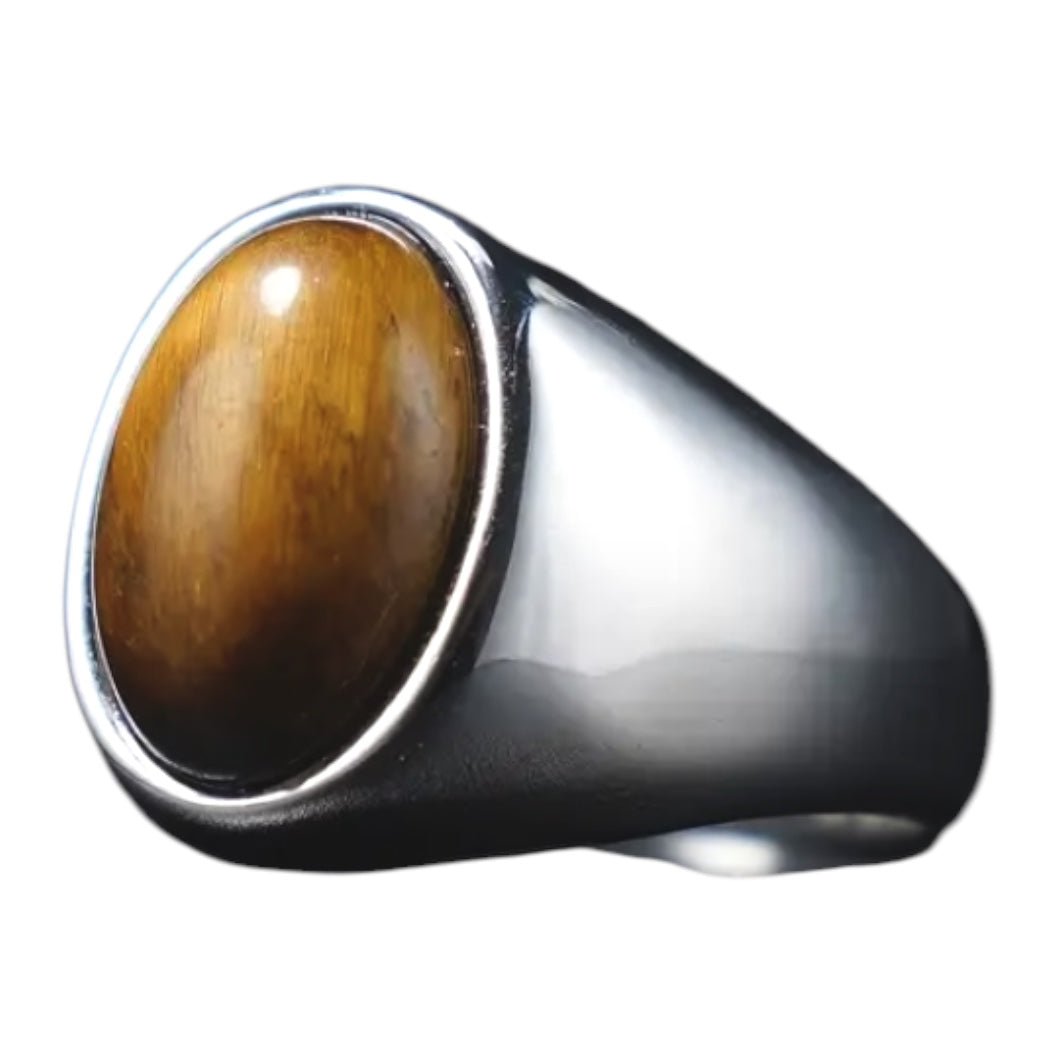 Silberner Ring mit ovalem großem Tigerauge - CrystalScents