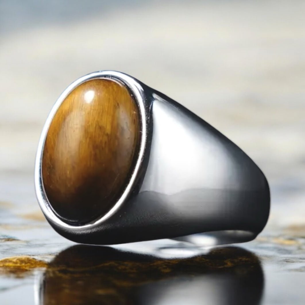 Silberner Ring mit ovalem großem Tigerauge - CrystalScents