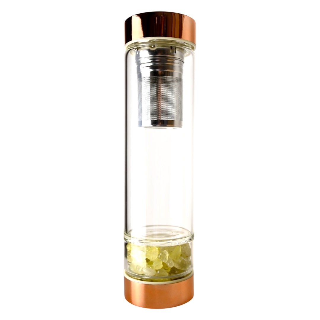 Trinkflasche aus Glas mit roségoldenem Verschluss; Citrin - CrystalScents