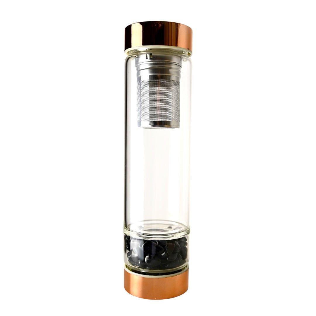 Trinkflasche aus Glas mit roségoldenem Verschluss; Obsidian - CrystalScents