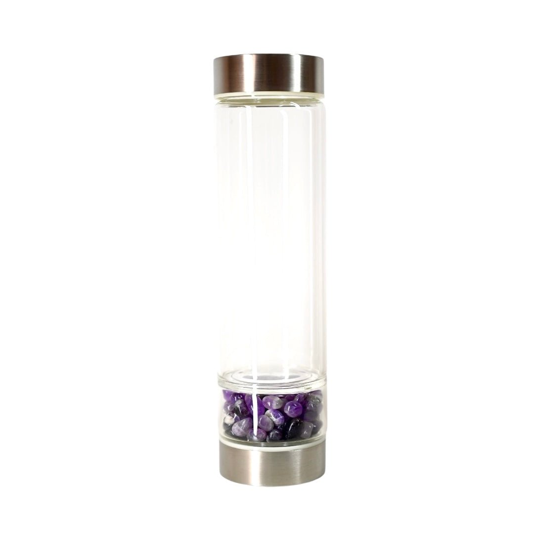 Trinkflasche Silber mit Trommelsteinen; Amethyst - CrystalScents