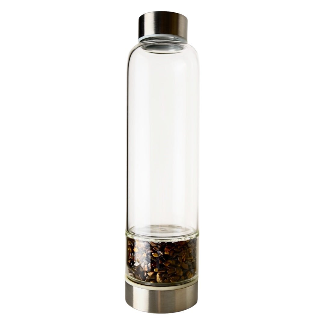Trinkflasche Silber mit Trommelsteinen; Tigerauge - CrystalScents