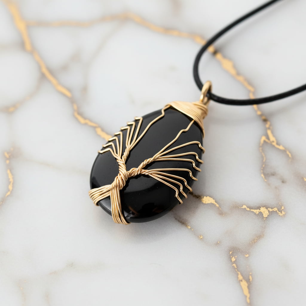 Obsidian Halskette – Tropfenform mit Goldverzierung CrystalScents