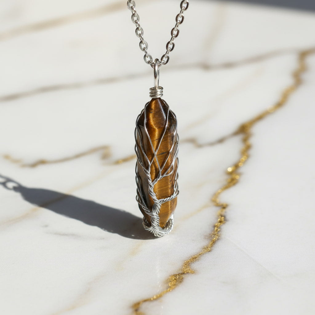 Tigerauge Halskette - Silberverzierter Doppelender CrystalScents