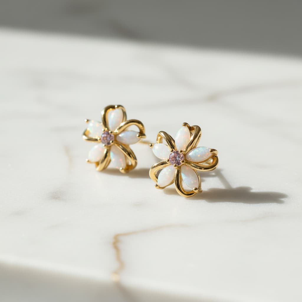 Opal Ohrstecker – Goldene funkelnde Blüten CrystalScents