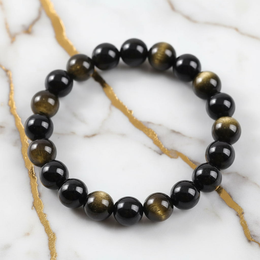 Gold Obsidian Kugelarmband – Schwarz mit goldenem Schimmer CrystalScents
