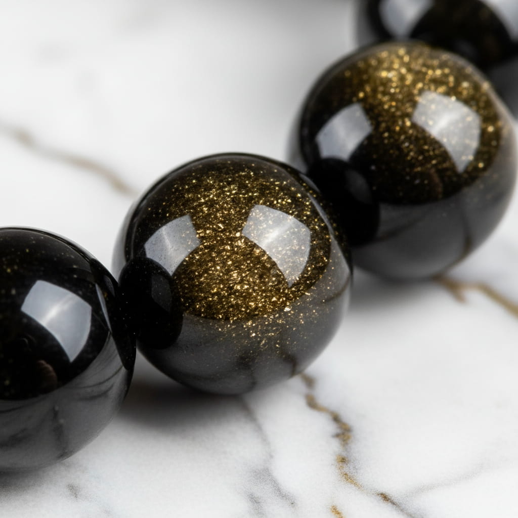 Gold-Obsidian Kugelarmband – Schwarz mit goldenem Schimmer