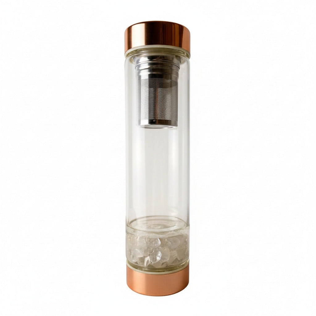 Bergkristall Glasflasche – Tee unterwegs mit Roségoldverschluss CrystalScents