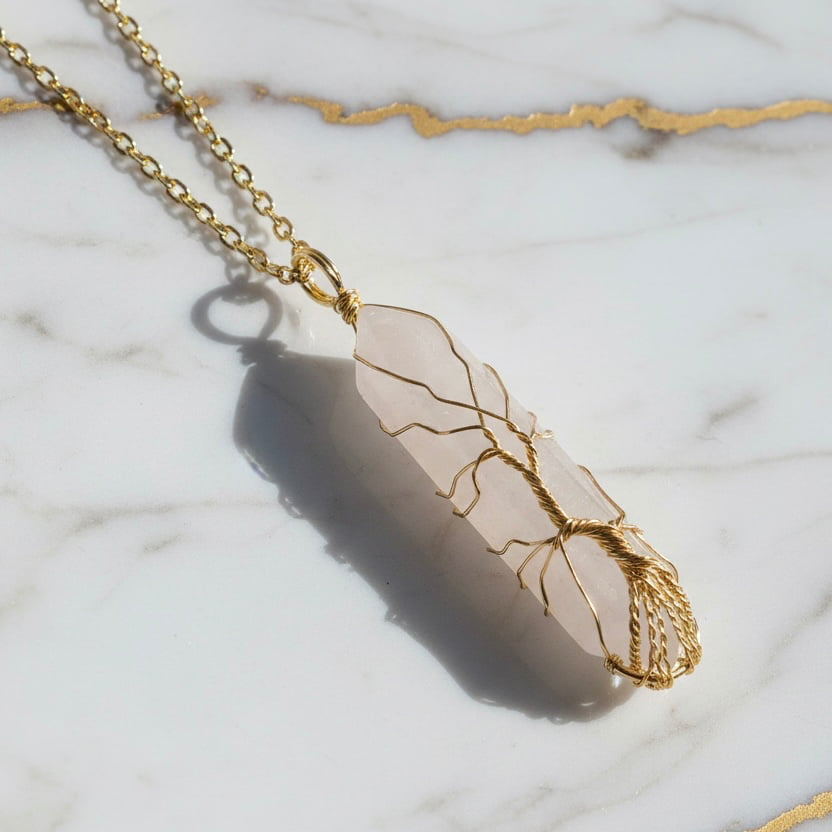 Bergkristall Halskette - Goldverzierter Doppelender