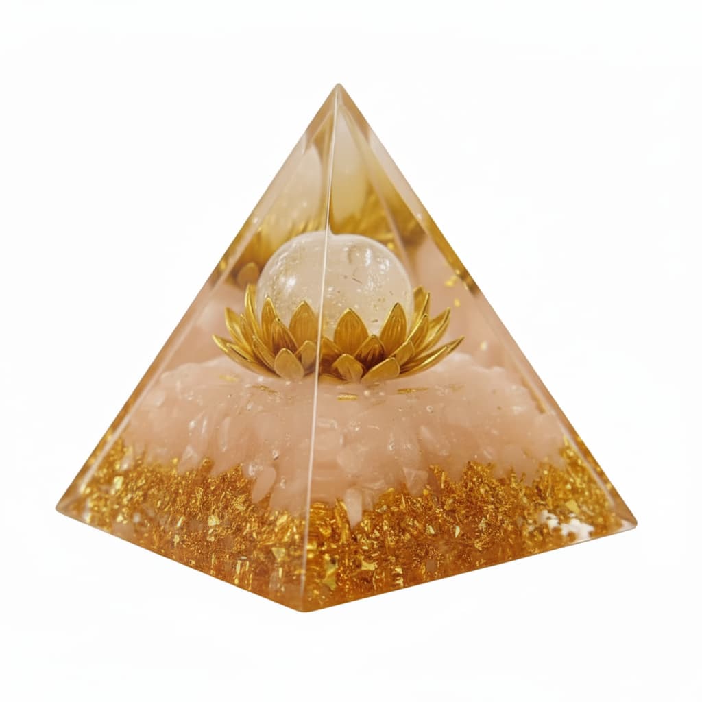 Rosenquarz Orgonit Pyramide - Goldener Lotus CrystalScents