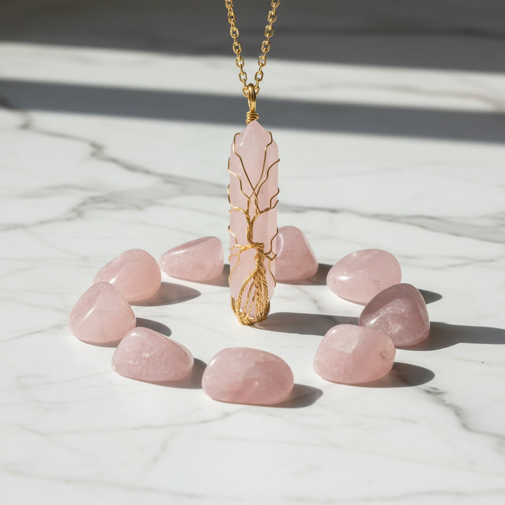 Rosenquarz Halskette - Goldverzierter Doppelender CrystalScents
