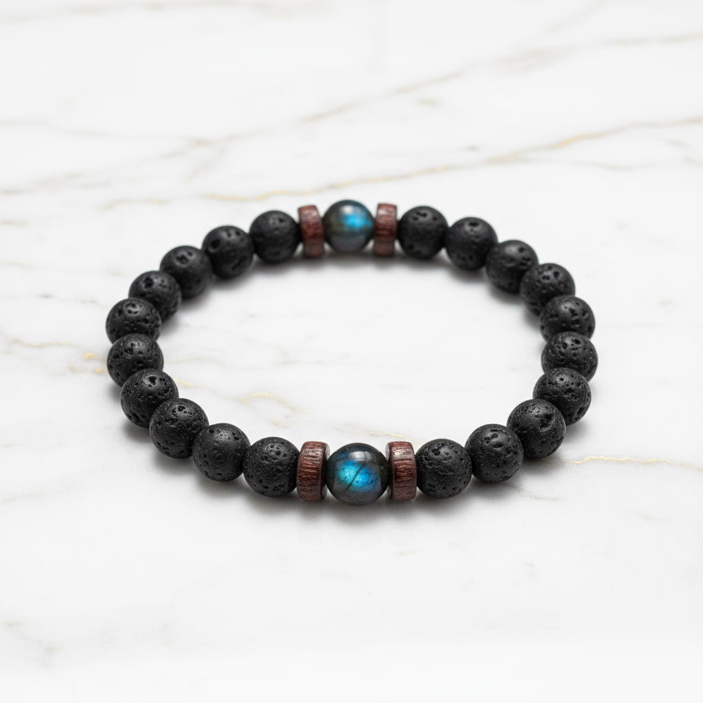 Vulkanstein & Labradorit Kugelarmband