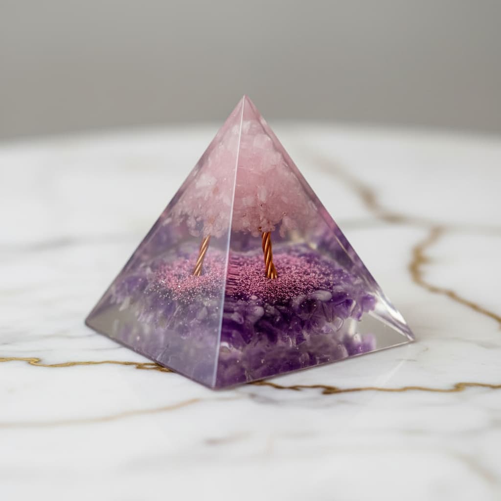 Orgonit Pyramide – Kirschblütenzauber mit Amethyst & Rosenquarz CrystalScents