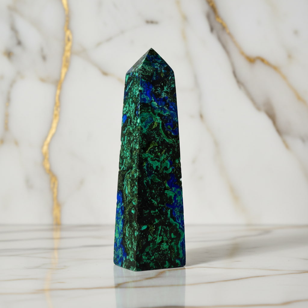 Malachit Azurit Obelisk – Symbiose von Grün & Blau CrystalScents