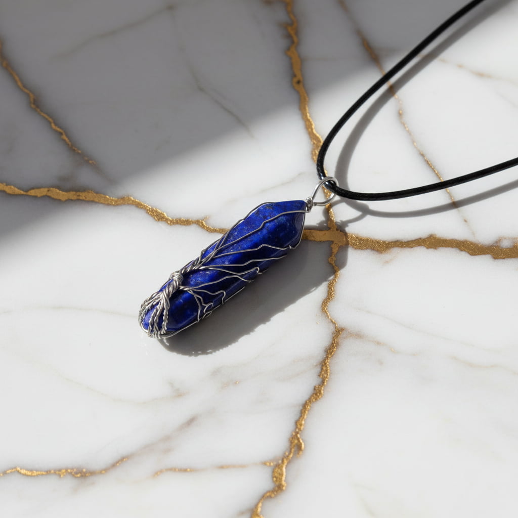 Lapislazuli Halskette - Silberverzierter Doppelender