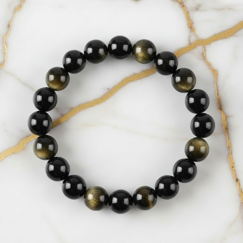 Gold Obsidian Kugelarmband – Schwarz mit goldenem Schimmer CrystalScents