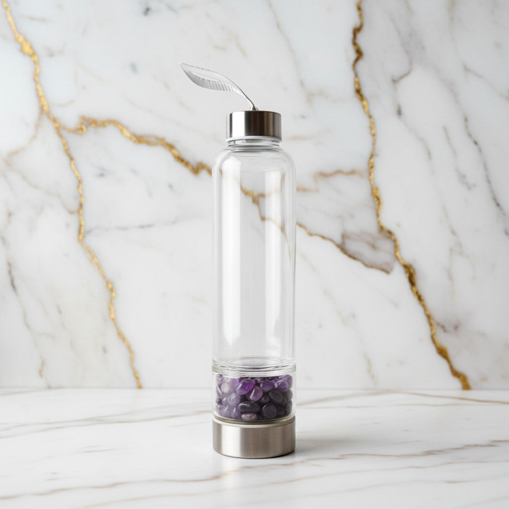 Amethyst Trinkflasche Silber – Kristallenergie für unterwegs CrystalScents