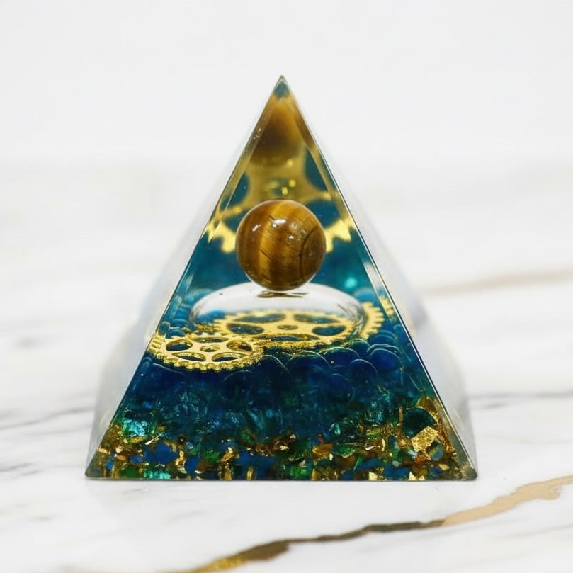 Tigerauge Orgonit Pyramide - Zahnrad Design