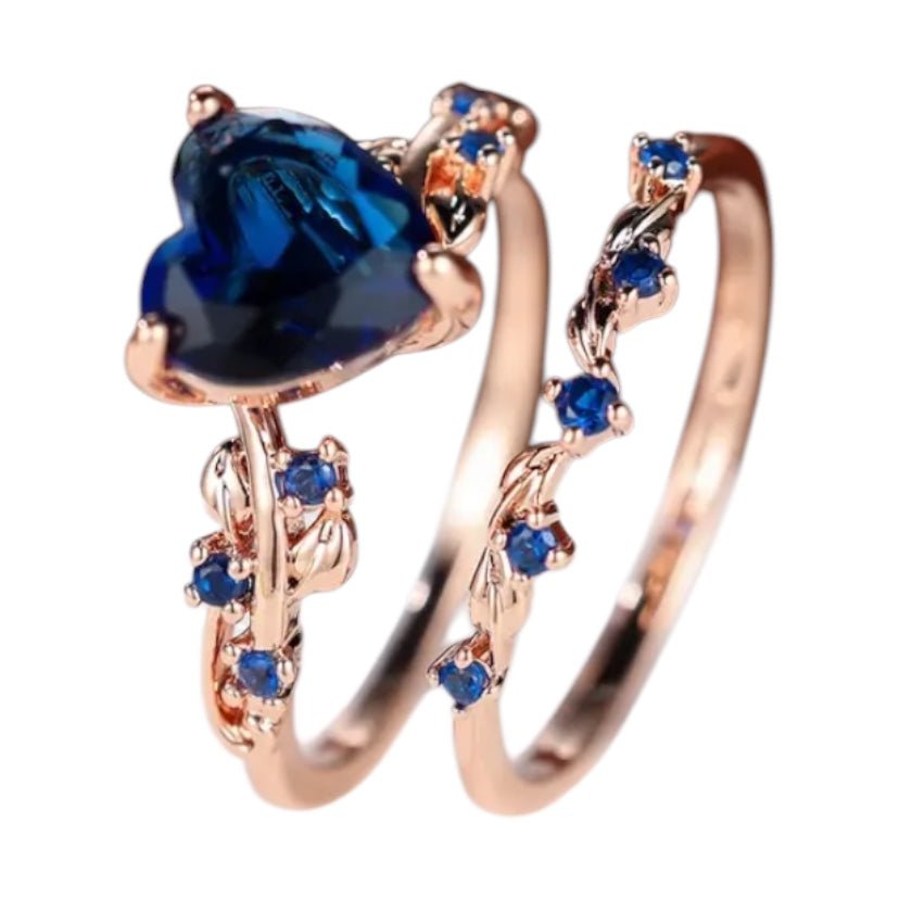 2 - teiliger geflochtener Stacking - Ring mit dunkelblauem Herz - CrystalScents