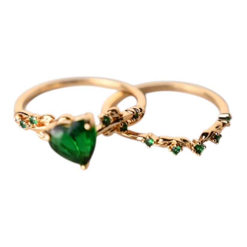 2 - teiliger geflochtener Stacking - Ring mit grünem Herz - CrystalScents